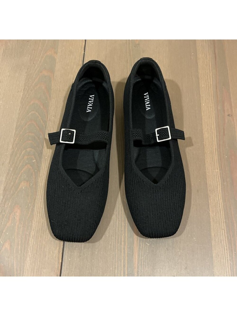 VIVAIA Margot Mary Jane Square-Toe Ballet Flats in Black Size 9 Stretch Knit